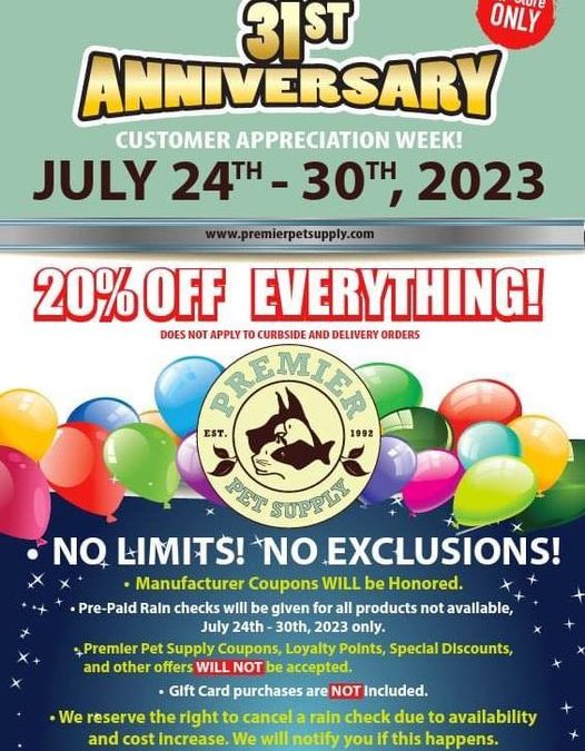 Premier Pet Supply 31st Anniversary sale