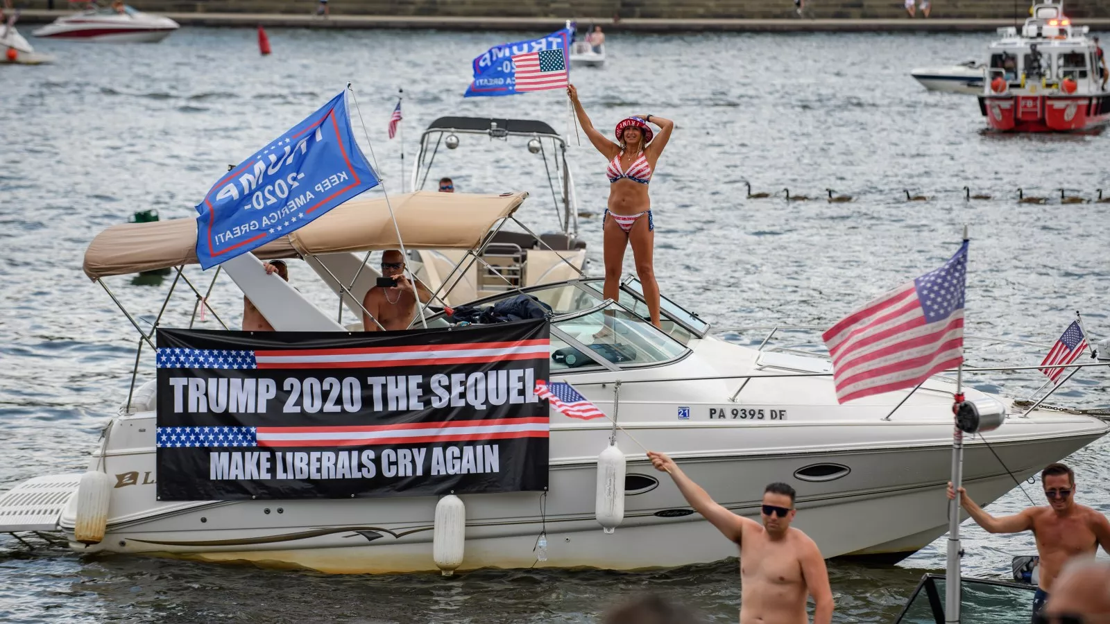 Boaters flood the Detroit river in a vibrant display of support to celebrate Donald Trump's 78th birthday.