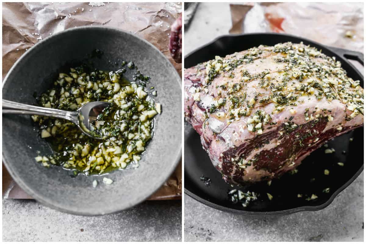 Preparing the homemade herb rub for the prime rib to ensure every bite is bursting with flavor.