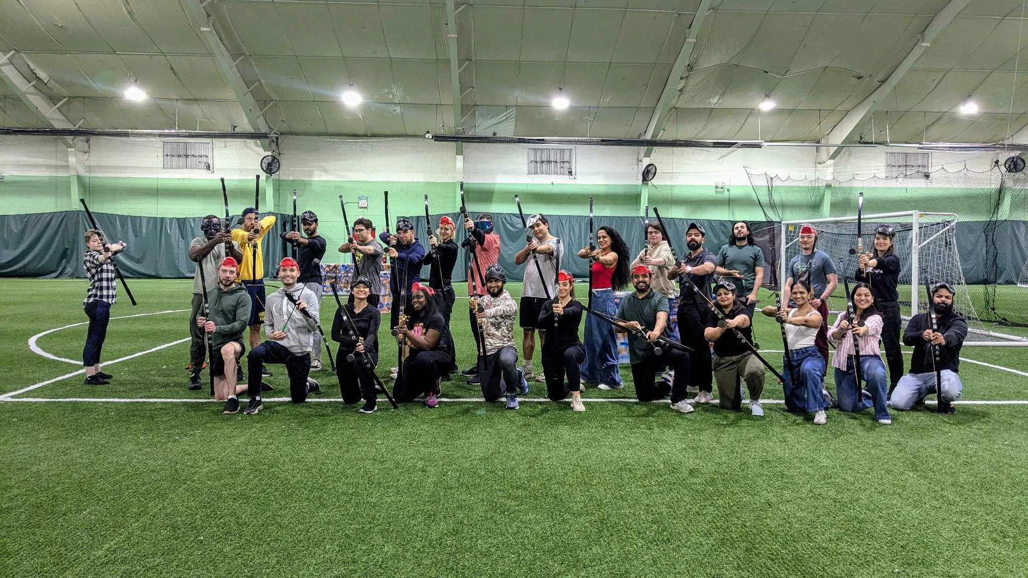 Indoor Archery Tag setup with all provided equipment, ready for participants to experience a safe and exciting game.